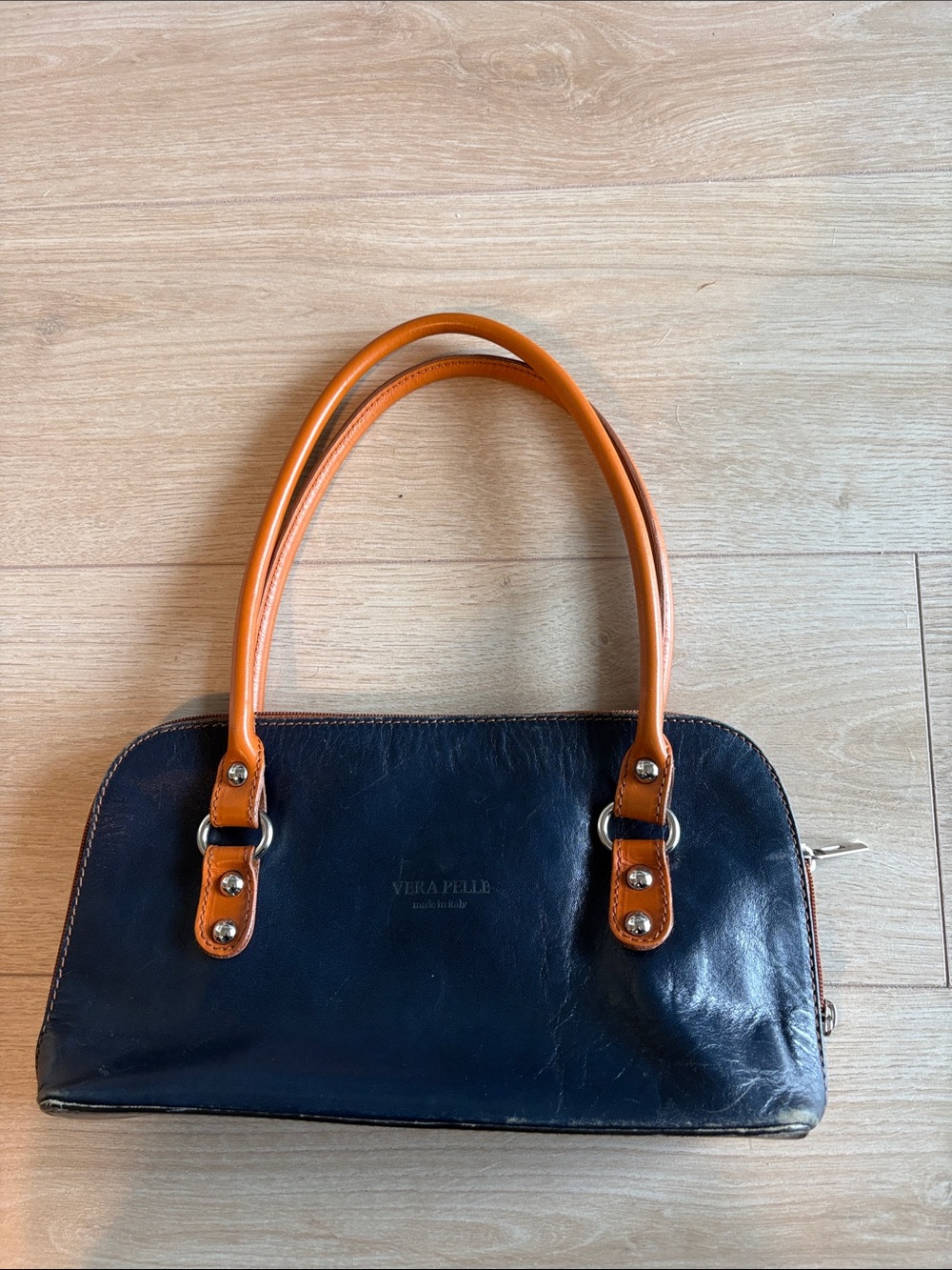 Vera Pelle Navy Leather Satchel with Cognac Handles